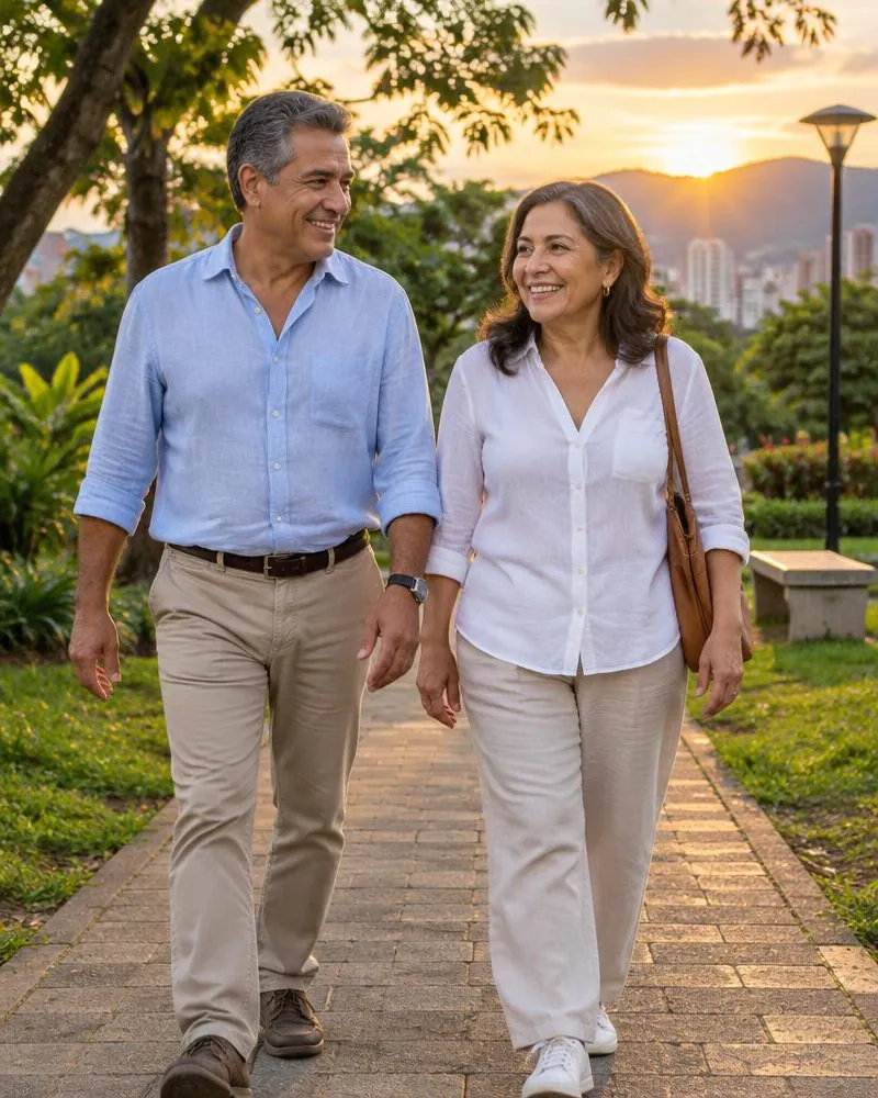 Pareja colombiana disfrutando una caminata en el parque